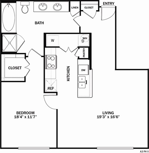 Floor plan for 1 bed, 1 bath, 922 sqft